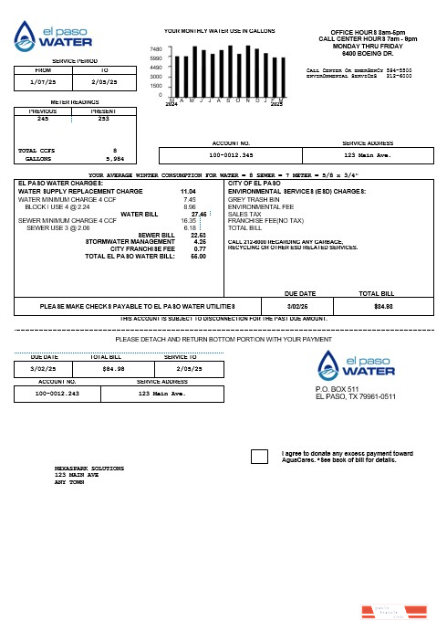 USA Texas El Paso Water business utility bill template in Word and PDF formats